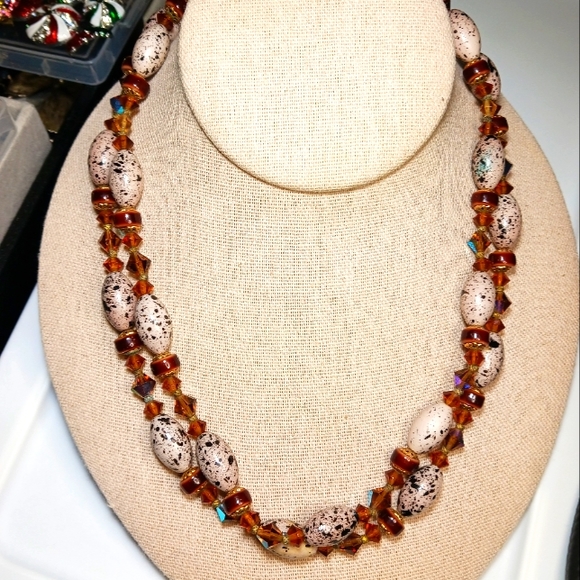 Pastel Speckled Robin's Egg Beads with Brown Crystal AB & Gold tone Necklace - Picture 2 of 8